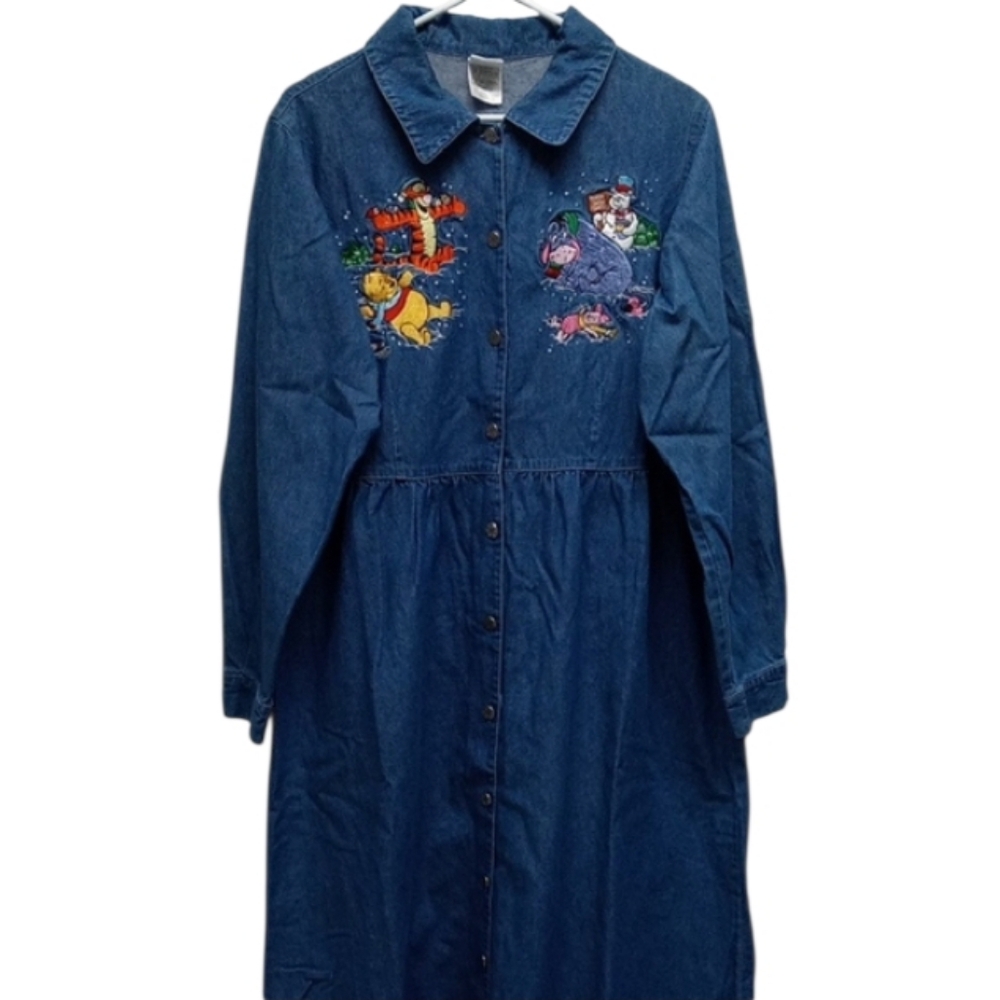 Disney Winnie The Pooh &Friends Christmas Button Up Long Sleeve Denim Maxi Dress